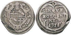 ZECCHE ITALIANE - BOLOGNA - Benedetto XIV (1740-1758) - Carlino 1758 - Stemma /R Scritta in corona CNI 104; Munt. 231m AG
qBB