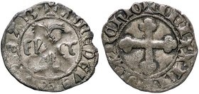 SAVOIA - Amedeo VIII Duca (1416-1440) - Quarto di grosso - Nodo in palo affiancato da FERT gotico /R Croce mauriziana MIR 142 NC (MI g. 1,35)I tipo
B...