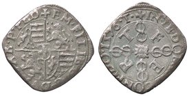 SAVOIA - Emanuele Filiberto (1553-1580) - Soldo 1576 Torino - Scudo inquartato /R Croce formata da quattro nodi affiancati da FERT MIR 535b NC (MI g. ...