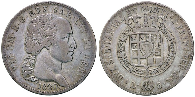 SAVOIA - Vittorio Emanuele I (1802-1821) - 5 Lire 1820 Pag. 14; Mont. 28 R AG
q...