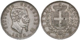 SAVOIA - Vittorio Emanuele II Re d'Italia (1861-1878) - 5 Lire 1865 N Pag. 486; Mont. 168 R AG
BB-SPL