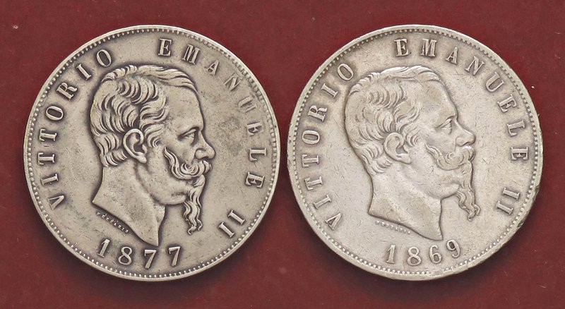 SAVOIA - Vittorio Emanuele II Re d'Italia (1861-1878) - 5 Lire 1869 M e 1877 R M...
