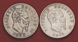SAVOIA - Vittorio Emanuele II Re d'Italia (1861-1878) - 5 Lire 1869 M e 1877 R Mont. 171/189 AG Lotto di 2 monete
qBB÷BB+