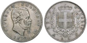 SAVOIA - Vittorio Emanuele II Re d'Italia (1861-1878) - 5 Lire 1874 M Pag. 498; Mont. 182 AG
BB-SPL