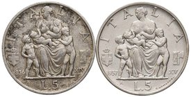SAVOIA - Vittorio Emanuele III (1900-1943) - 5 Lire 1936 e 1937 Fecondità Pag. 719 e 720; Mont. 133 e 134 R AG
med. SPL