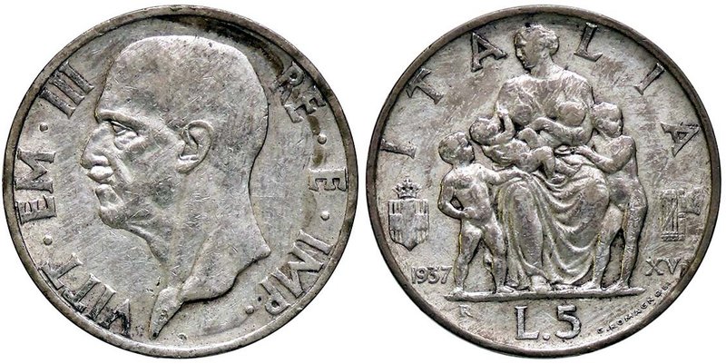 SAVOIA - Vittorio Emanuele III (1900-1943) - 5 Lire 1937 XV Fecondità Pag. 720; ...