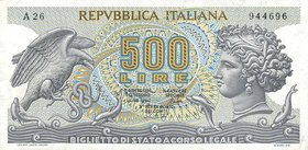 CARTAMONETA - BIGLIETTI DI STATO - Repubblica Italiana (monetazione in lire) (1946-2001) - 500 Lire - Aretusa 23/04/1975 Alfa 553; Lireuro 25D RRR Mic...