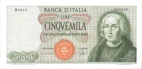 CARTAMONETA - BANCA d'ITALIA - Repubblica Italiana (monetazione in lire) (1946-2001) - 5.000 Lire - Colombo 1° tipo 03/09/1964 Alfa 795; Lireuro 66A C...