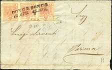 AREA ITALIANA - LOMBARDO VENETO - Antichi Stati - Posta Ordinaria 1850 - 15 Cent. In striscia di tre su frontespizio di lettera in partenza da Dongo p...