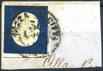 AREA ITALIANA - SARDEGNA - Antichi Stati - Posta Ordinaria 1854 Cent. 20 Effigie - azzurro (8) Su frammento e ben marginato
US