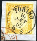AREA ITALIANA - SARDEGNA - Antichi Stati - Posta Ordinaria 1861 - Vittorio Em. II - 80 Centesimi arancio (TR7) Centratissimo e su bel frammento, Torin...
