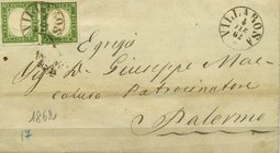 AREA ITALIANA - SARDEGNA - Antichi Stati - Posta Ordinaria 1862 - coppia del 5 Cent. su lettera in partenza da Villarosa (4 feb. 62) per Palermo - 4 P...