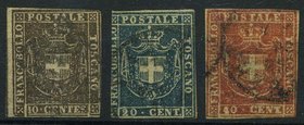 AREA ITALIANA - TOSCANA - Antichi Stati - Governo Provvisorio - Posta Ordinaria 1859 - 10, 20 e 40 Centesimi (19/21) Lotto di tre francobolli - Cat. 8...