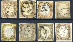 AREA ITALIANA - ITALIA REGNO - Posta Ordinaria 1863 Cifra ed effigie - 10 Cent. (14) Lotto di 8 esemplari su frammento con annulli diversi
US