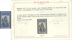 AREA ITALIANA - ITALIA REGNO - Posta Ordinaria 1928 Emanuele Filiberto - Lire 1,25 Dent. lineare 13,3/4 (235/I) Cat. 2500 € - Cert. Ray
NN