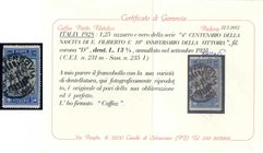 AREA ITALIANA - ITALIA REGNO - Posta Ordinaria 1928 Emanuele Filiberto - Lire 1,25 Dent. lineare 13,3/4 (235/I) Cat. 1800 € - Cert. Caffaz
US