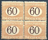 AREA ITALIANA - ITALIA REGNO - Segnatasse 1924 Tipo del 1870 - 60 Cent. (33) Quartina - La coppia superiore è divisa - Cat. 500 €
NN