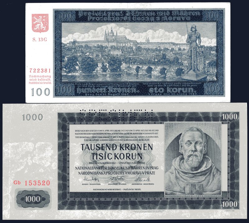 Bohemia & Moravia Lot of 2 Banknotes 1940 Specimen

100 Korun 1940 Specimen, 1...