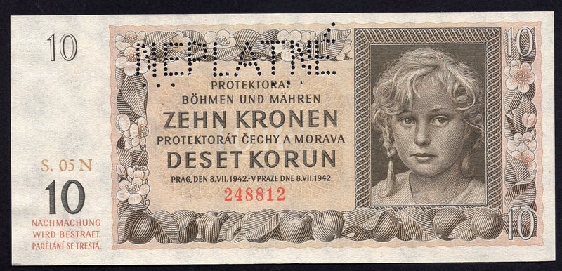 Bohemia & Moravia 10 Korun 1942 SPECIMEN

P# 8s; # 248812; Perforated "NEPLATN...