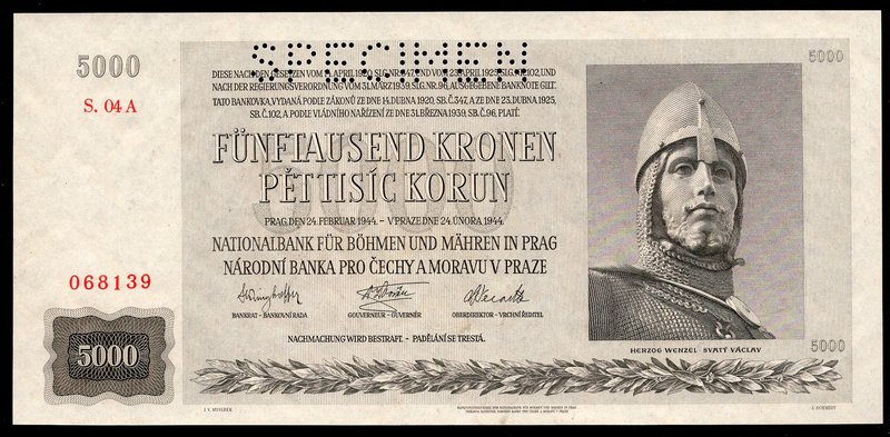 Bohemia & Moravia 5000 Korun 1944 SPECIMEN

P# 17S; # 068139