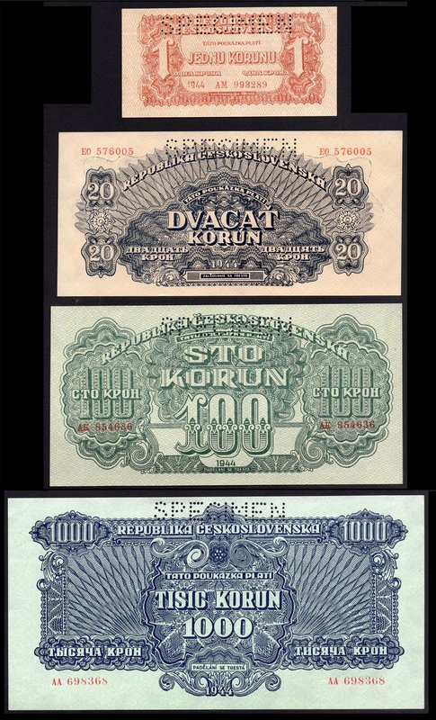 Czechoslovakia Lot of 4 Specimen Banknotes 1944

1-20-100-1000 Korun; P# 45s, ...