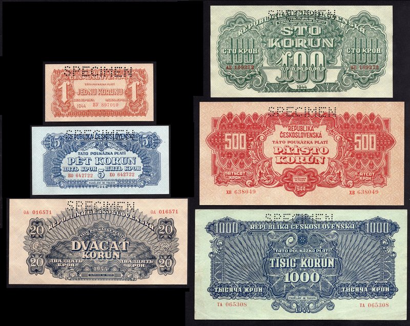 Czechoslovakia Lot of 6 SPECIMEN Banknotes 1944

1 5 20 100 500 1000 Korun 194...