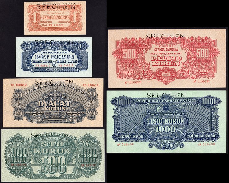 Czechoslovakia Lot of 6 SPECIMEN Banknotes 1944

1-5-20-100-500-1000 Korun; P#...
