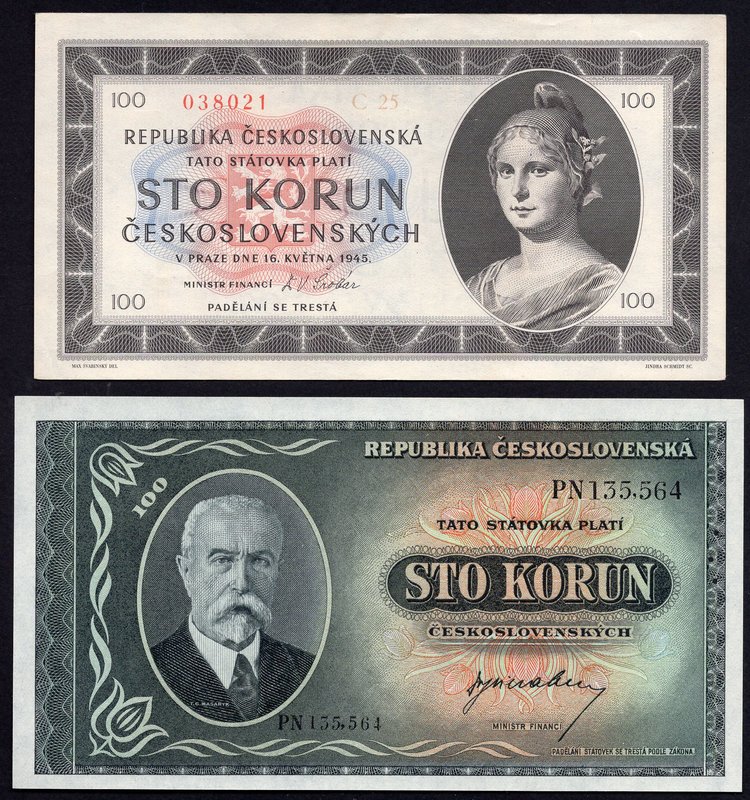 Czechoslovakia Lot of 2 Banknotes 1945 With SPECIMEN

P# 63s, 67a