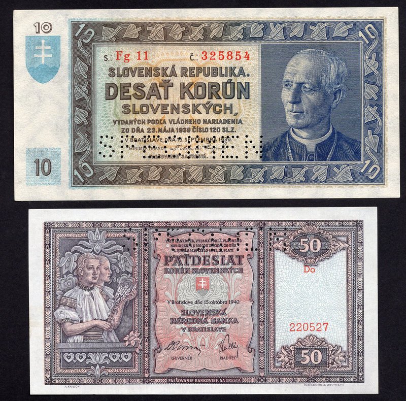 Slovakia Lot of 2 SPECIMEN Banknotes 1939 - (1940)

10-50 Korun; P# 5s, 9s; On...