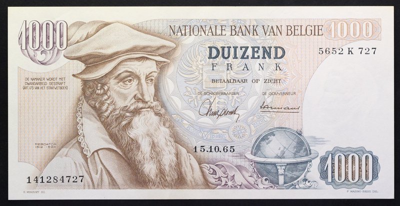 Belgium 1000 Francs 1965 RARE!

P# 136; № 5652 K 727; aUNC; "Mercator"; RARE!...