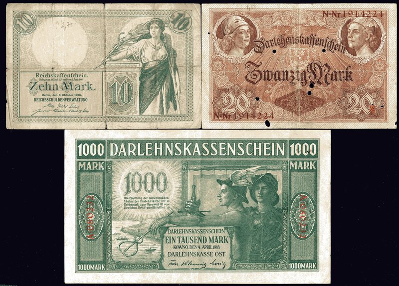 Germany - Empire Lot of 3 Banknotes

10 Mark 1906; 20 Mark 1914, 1000 Mark 191...