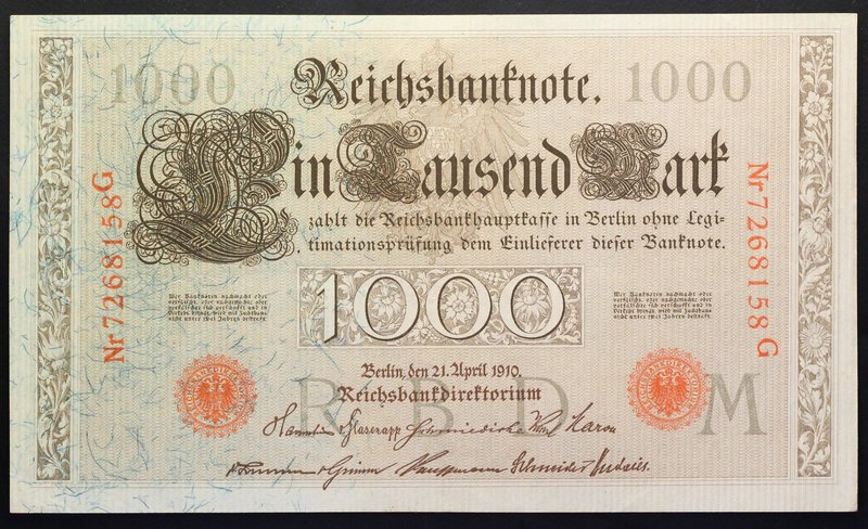 Germany 1000 Mark 1910

P# 44b; № Nr 7268158 G; UNC; Red Seals; Large Banknote...