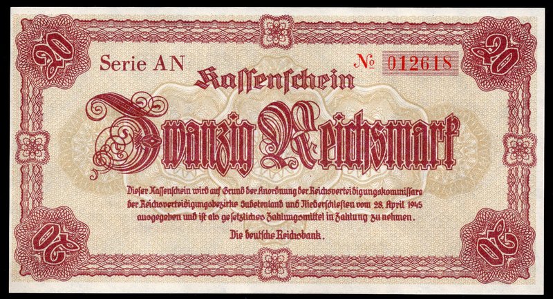 Germany - Third Reich 20 Reichsmark 1945

P# 187; Sudetenland and Lower Silesi...