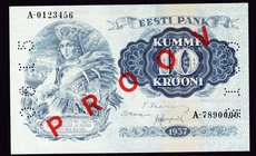 Estonia 10 Krooni 1937 SPECIMEN

P# 67s; PROOV; UNC