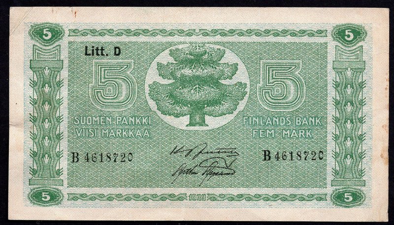 Finland 5 Markkaa 1939

P# 69a; Litt. D; F/VF