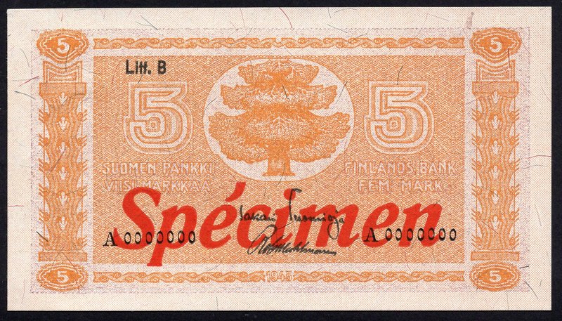 Finland 5 Markkaa 1945 SPECIMEN

P# 84s; Litt. B; AUNC