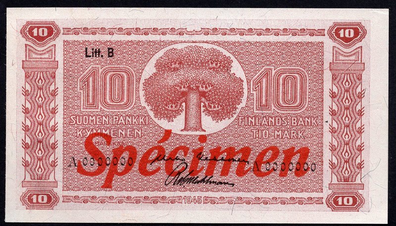 Finland 10 Markkaa 1945 SPECIMEN

P# 85s; Litt. B; UNC