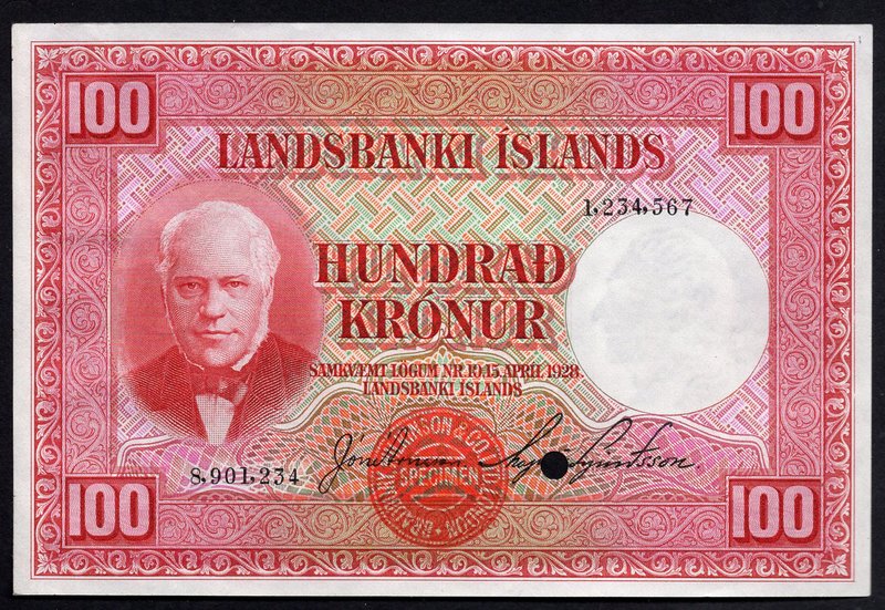 Iceland 100 Kronur 1928 SPECIMEN

P# 30s; AUNC