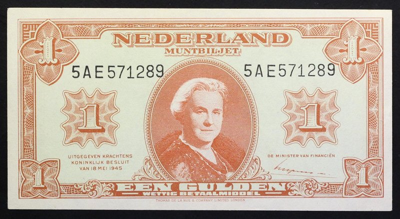 Netherlands 1 Gulden 1945

P# 70; № 5 AE 571289; UNC