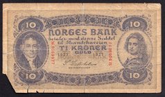 Norway 10 Kroner 1927

P# 8b; Series M; VG, w/o corner