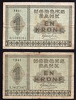 Norway Lot of 2 Banknotes 1941

1 Krone; P# 15a; Series A and B