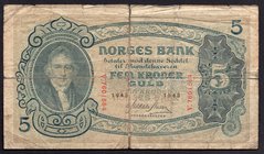 Norway 5 Kroner 1943

P# 7c; Series V; VG