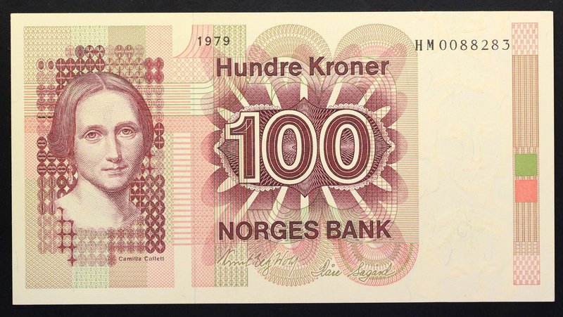 Norway 100 Kroner 1979 RARE!

P# 41b; № HM 0088283; UNC; "Cahilla Collet"; RAR...