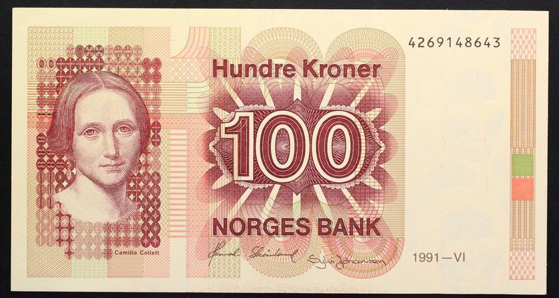 Norway 100 Kroner 1991

P# 43d; № 4269148643; UNC; "Cahilla Collet"