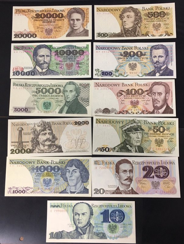 Poland 10, 20, 50, 100, 200, 500, 1000, 2000, 5000, 10000 & 20000 Zlotych 1977 -...