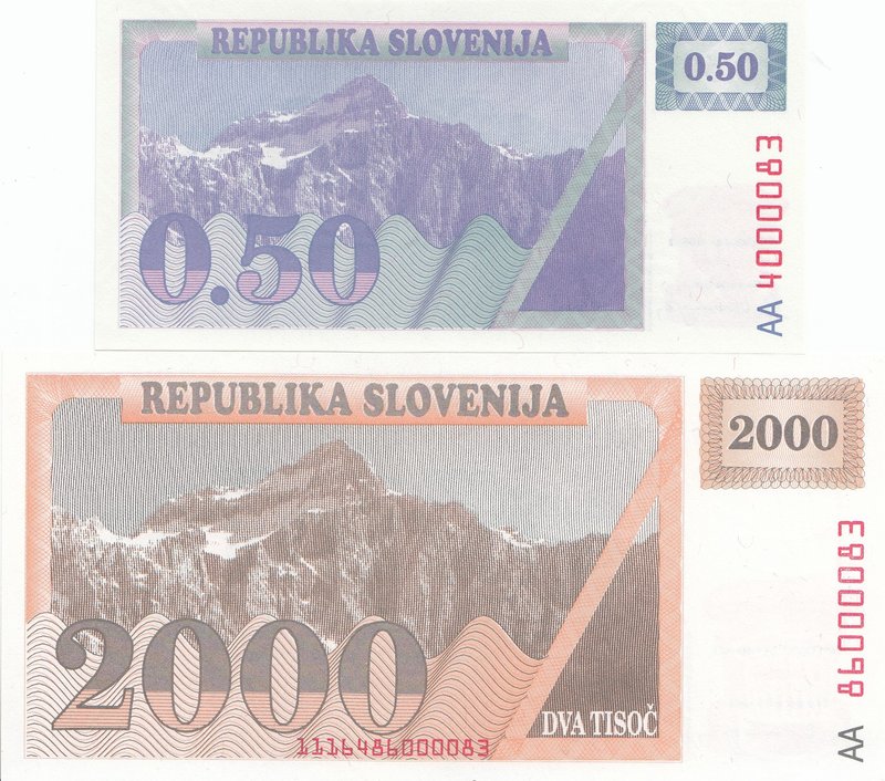 Slovenia Lot of 2 Banknotes 0,5 and 2000 Tolars 1992 (Released 1000 Pieces)

1...