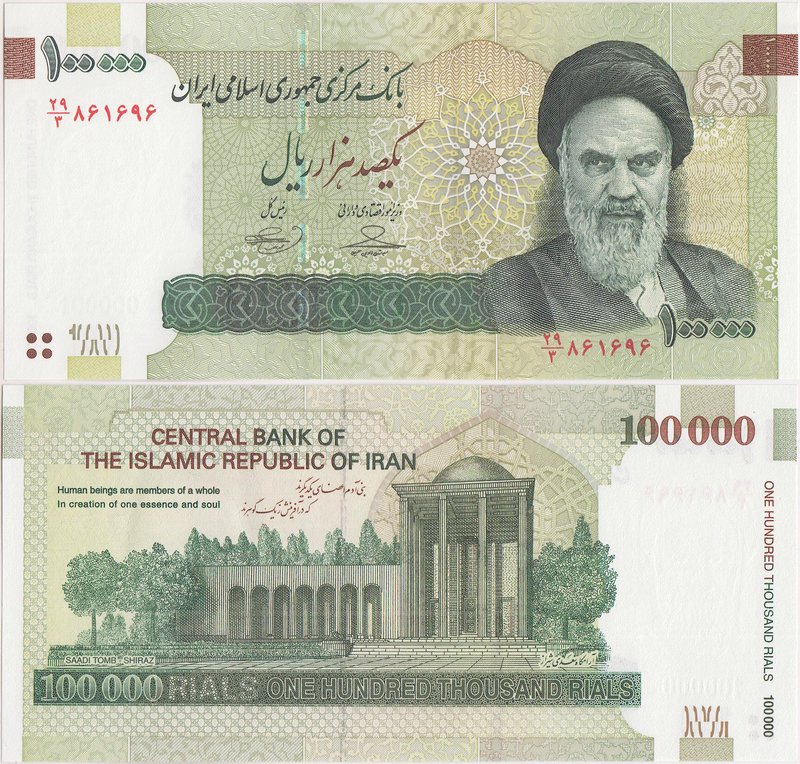 Iran 100,000 Rials 2010

P# 151; 166x79mm; UNC