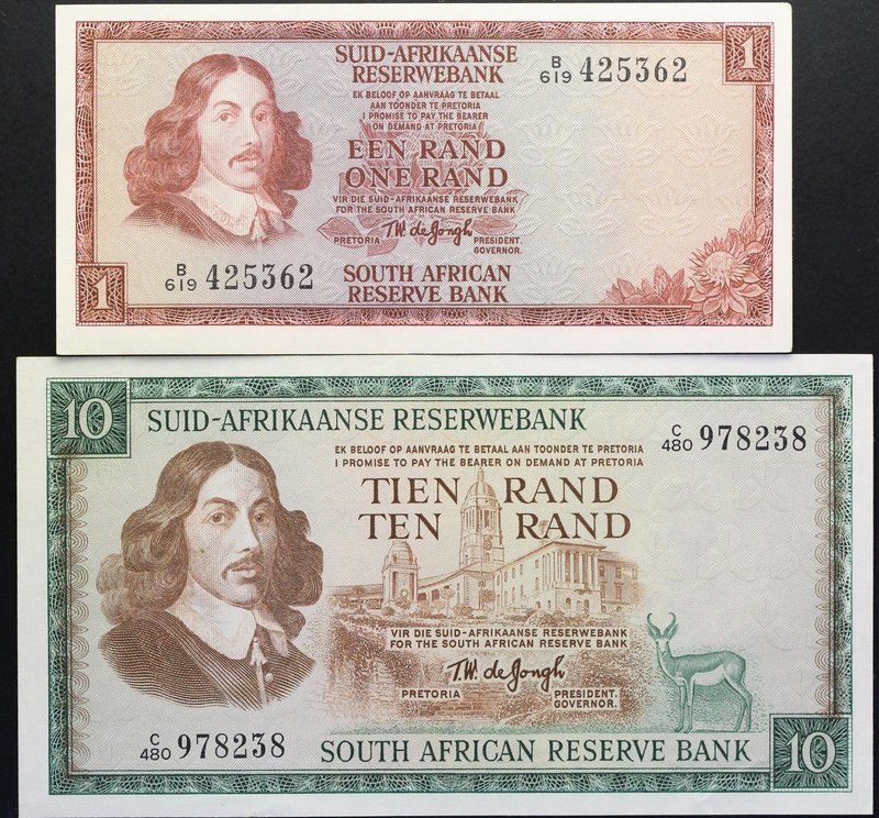 South Africa 1 & 10 Rand 1975

P# 113, 116; UNC- (No Folds); W/mark Riebeeck; ...