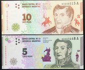 Argentina 5 & 10 Pesos 2015

P# 359, 360; UNC; Prefix A; Set 2 PCS
