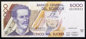 Ecuador 5000 Sucres 1992 RARE!

P# 128a; № 00189933; UNC; RARE!